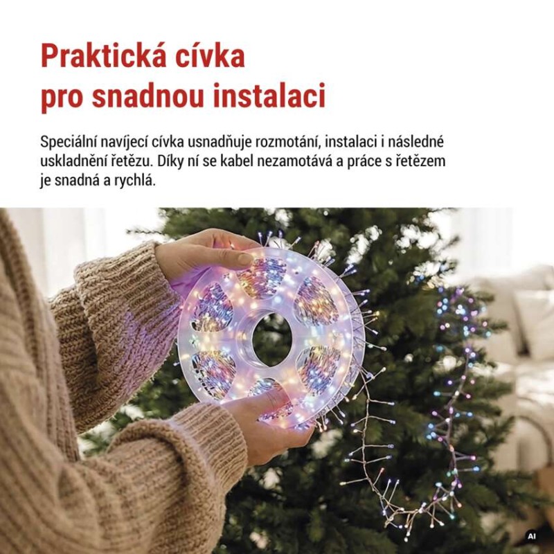 LED nano řetěz na cívce, stříbrný, 9,6 m, venkovní i vnitřní, multicolor, časovač