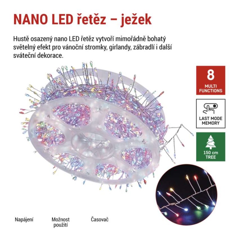LED nano řetěz na cívce, stříbrný, 14,4 m, venkovní i vnitřní, multicolor, časovač