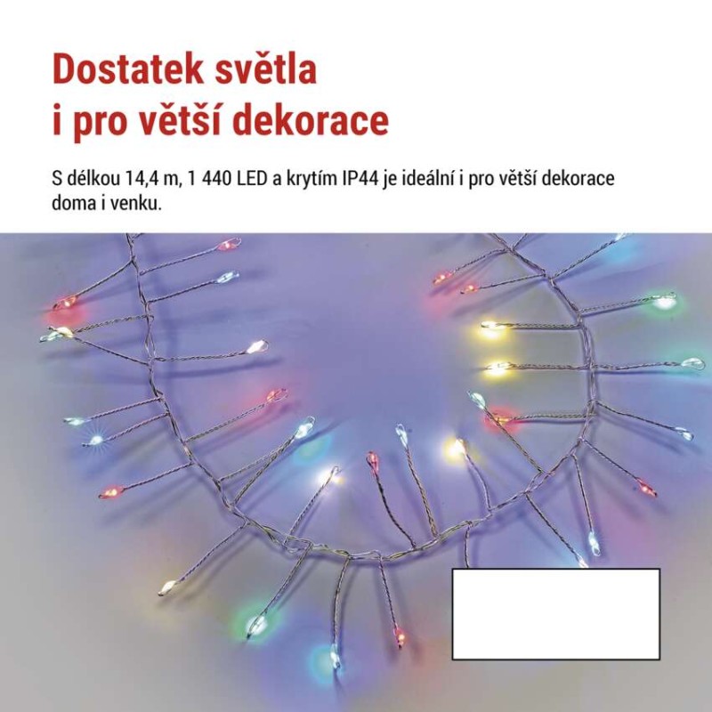 LED nano řetěz na cívce, stříbrný, 14,4 m, venkovní i vnitřní, multicolor, časovač