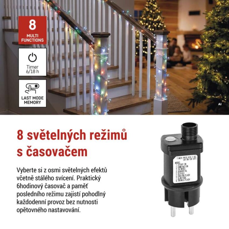 LED nano řetěz na cívce, stříbrný, 14,4 m, venkovní i vnitřní, multicolor, časovač