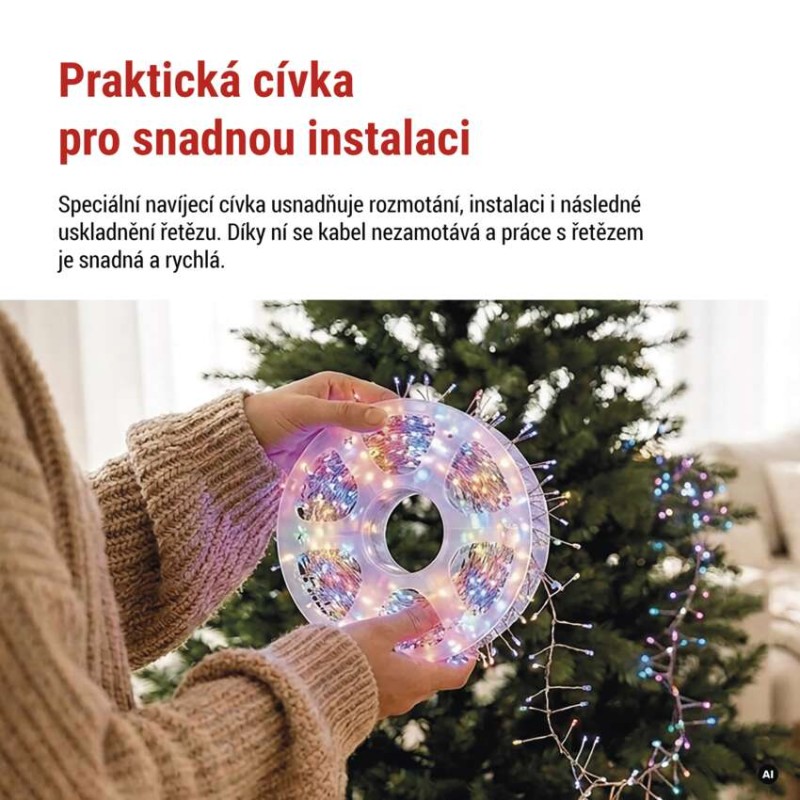 LED nano řetěz na cívce, stříbrný, 14,4 m, venkovní i vnitřní, multicolor, časovač