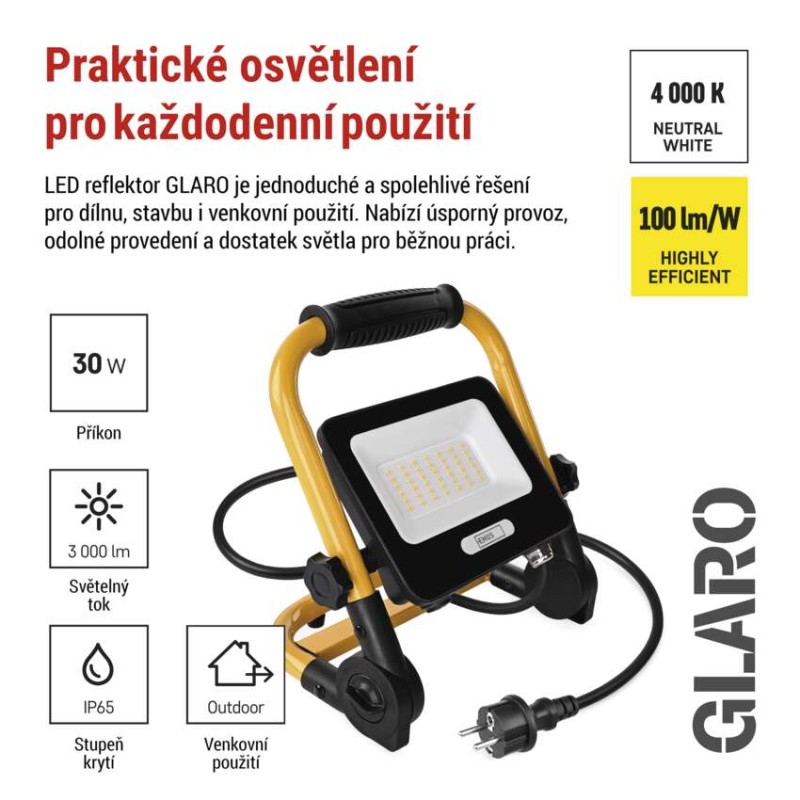LED reflektor GLARO 30W, žluto-černý, IP65, 3000 lm, neutrální bílá