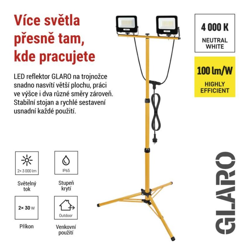 LED reflektor GLARO, 2×30W + trojnožka, černý, neutrální bílá