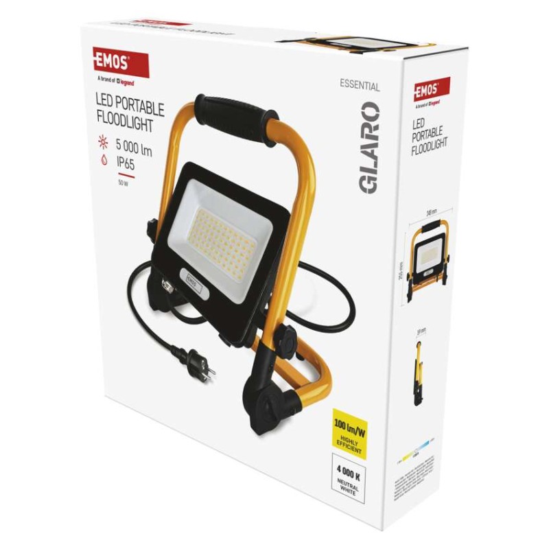 LED reflektor GLARO 50W, žluto-černý, IP65, 5000 lm, neutrální bílá