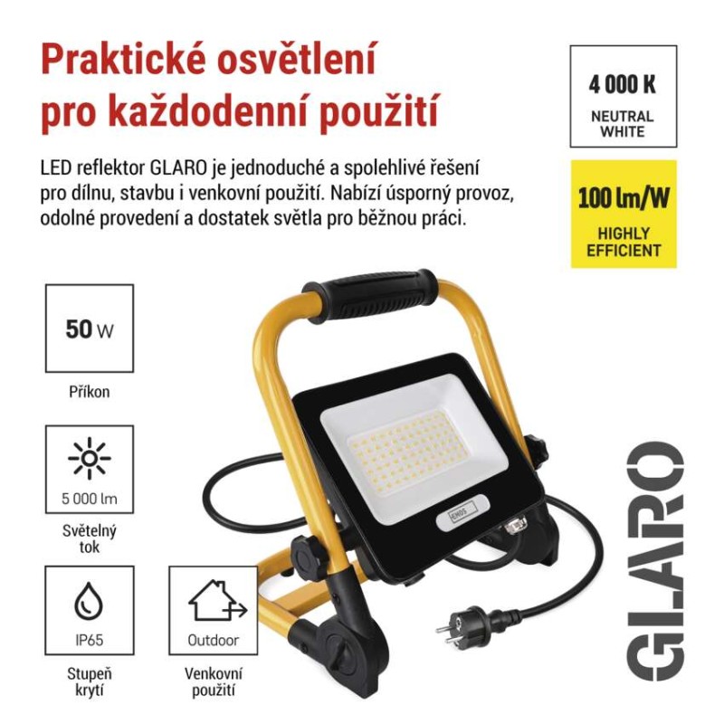 LED reflektor GLARO 50W, žluto-černý, IP65, 5000 lm, neutrální bílá