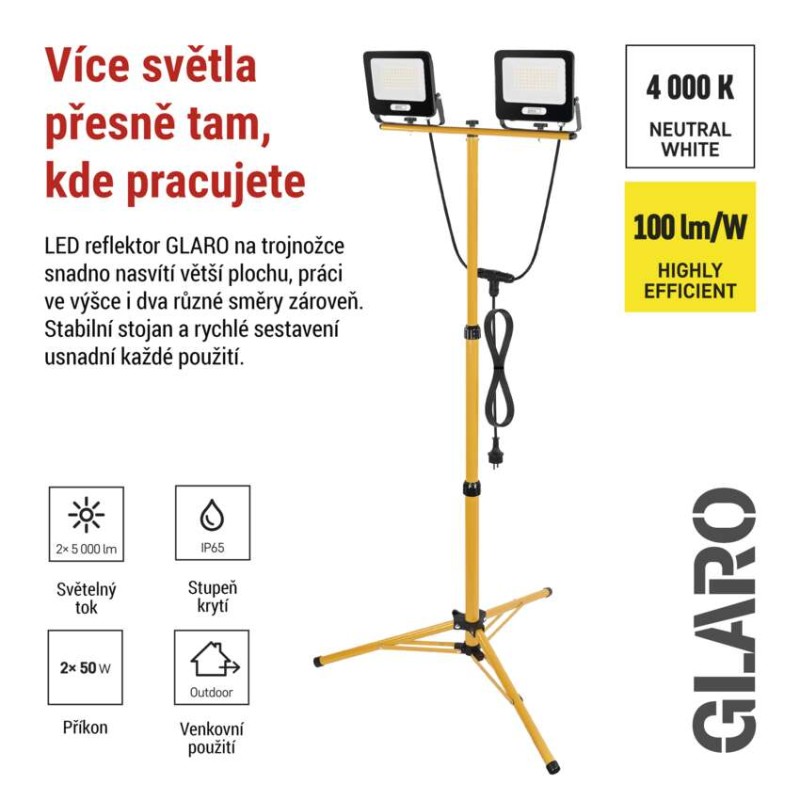 LED reflektor GLARO, 2×50W + trojnožka, černý, neutrální bílá