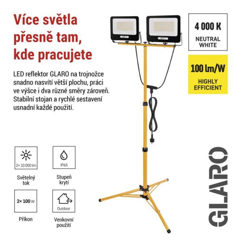 LED reflektor GLARO, 2×100W + trojnožka, černý, neutrální bílá