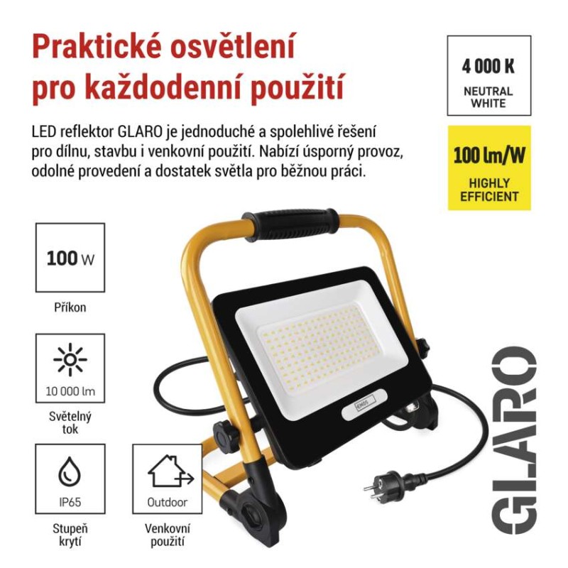 LED reflektor GLARO 100W, žluto-černý, IP65, 10 000 lm, neutrální bílá