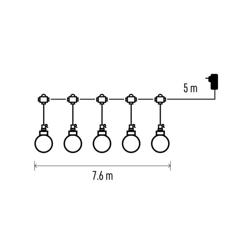 LED světelný řetěz – 20x párty žárovky, 7,6 m, venkovní i vnitřní, teplá bílá