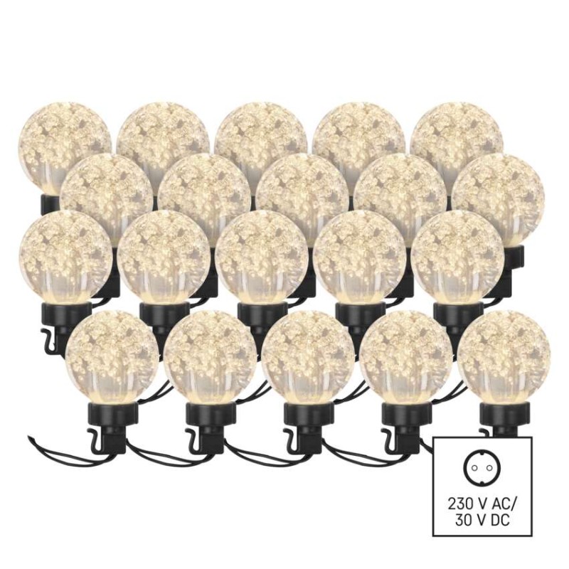 LED světelný řetěz – 20x párty žárovky, 7,6 m, venkovní i vnitřní, teplá bílá