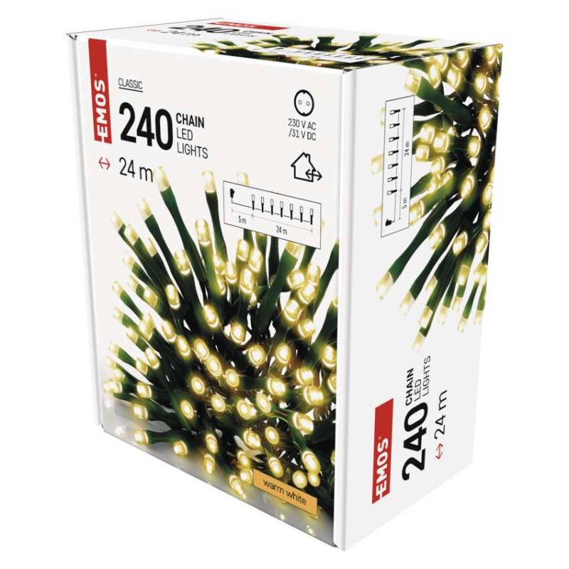 LED vánoční řetěz, 24 m, venkovní i vnitřní, teplá bílá, časovač
