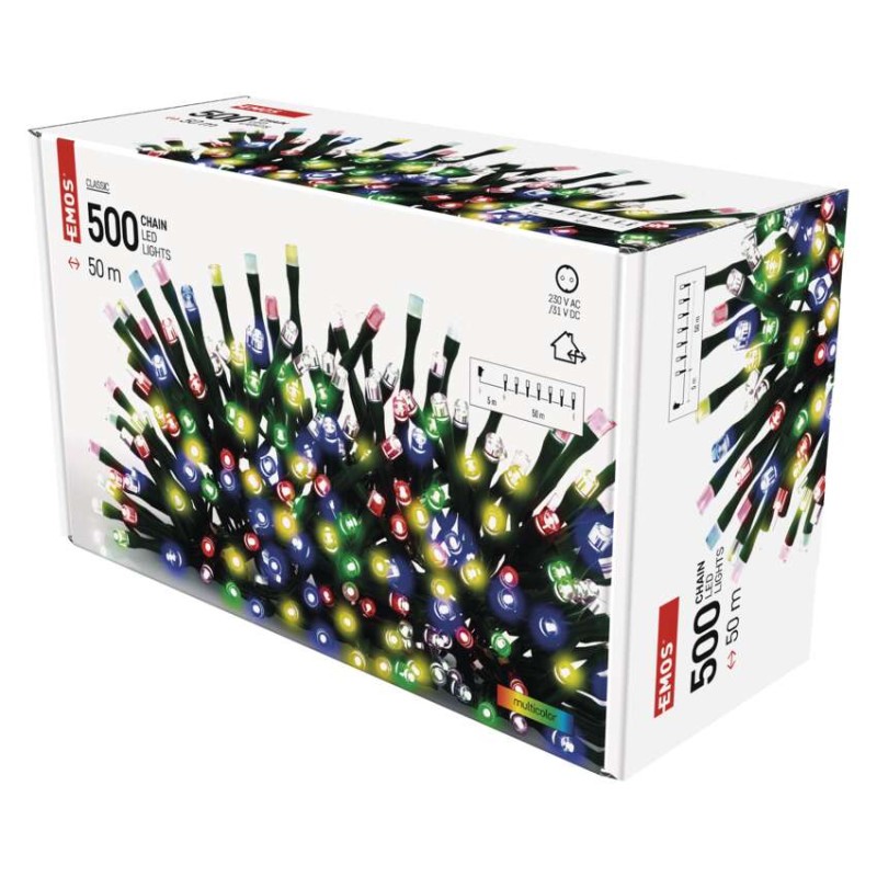 LED vánoční řetěz, 50 m, venkovní i vnitřní, multicolor, časovač