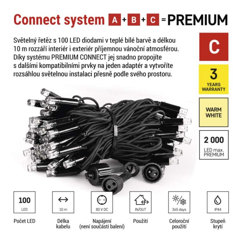Premium LED spojovací řetěz černý, 10 m, venkovní i vnitřní, teplá bílá