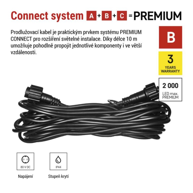 Prodlužovací kabel pro spojovací řetězy Premium černý, 10 m, venkovní i vnitřní