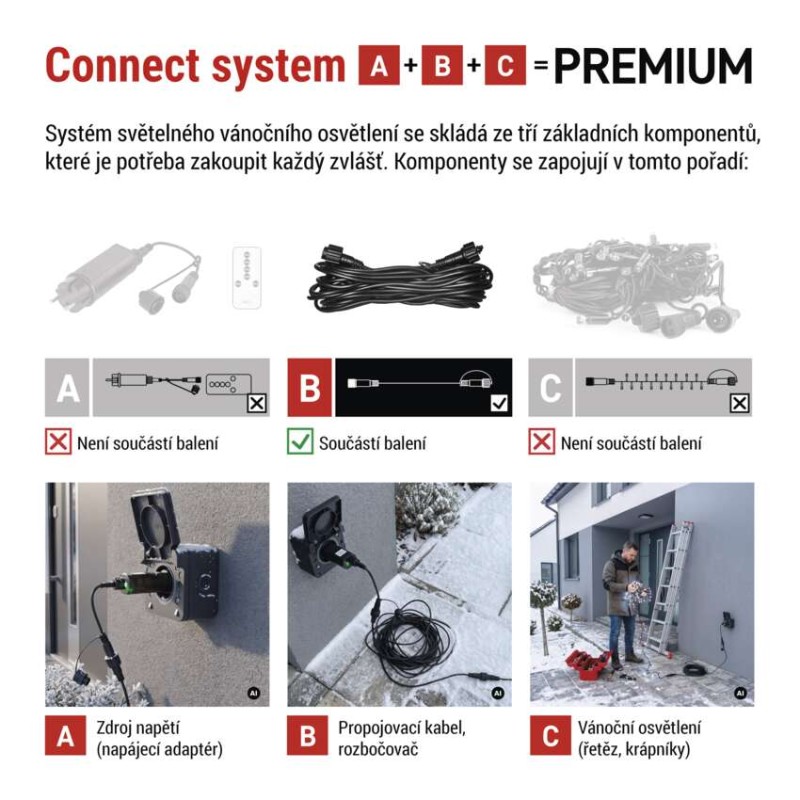 Prodlužovací kabel pro spojovací řetězy Premium černý, 10 m, venkovní i vnitřní