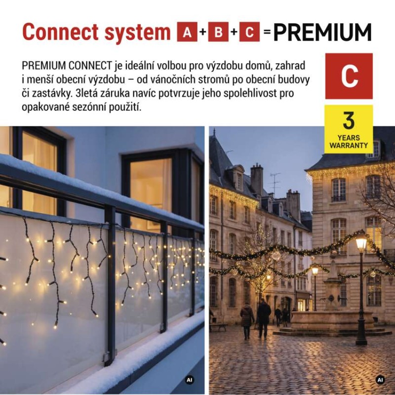 Premium LED spojovací řetěz černý – rampouchy, 3 m, venkovní, teplá bílá