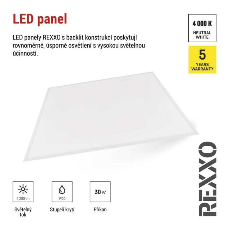 LED panel REXXO backlit 60×60, čtvercový vestavný bílý, 30W neutr. b.