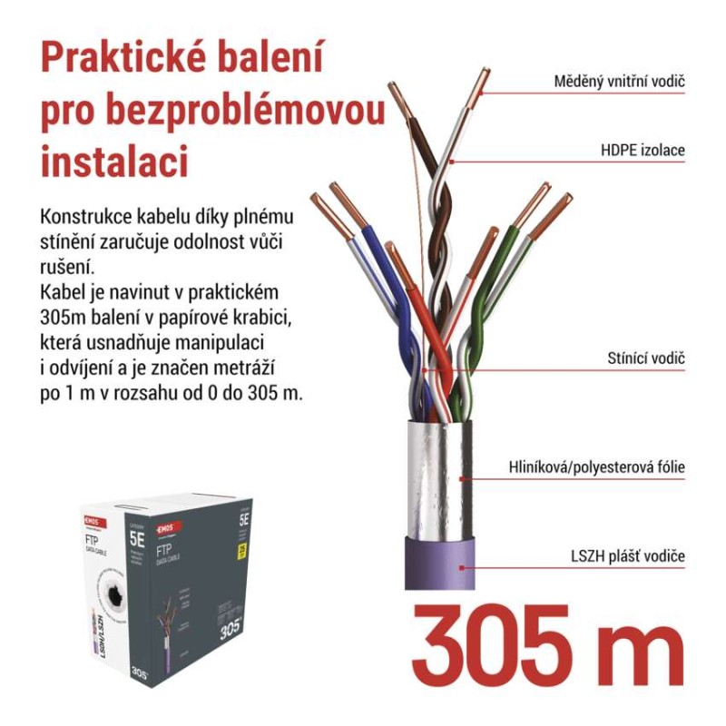 Datový kabel FTP CAT 5E LSZH, 305m