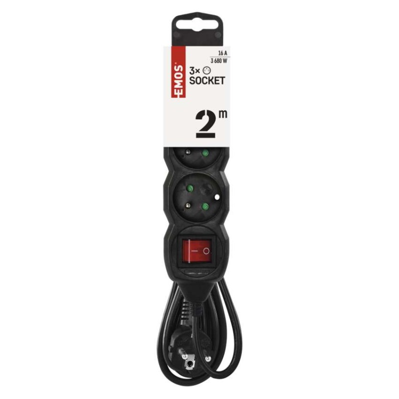 Prodlužovací kabel 2 m / 3 zásuvky / s vypínačem / černý / PVC / 1 mm2