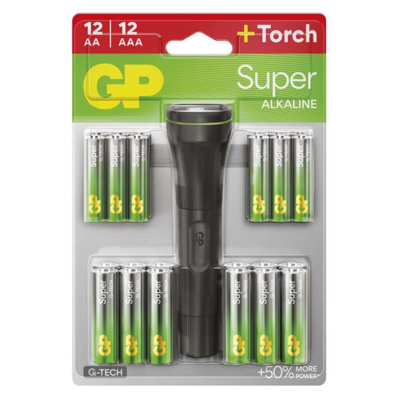 GP alkalická baterie SUPER AA 12 + AAA 12 + svítilna BL