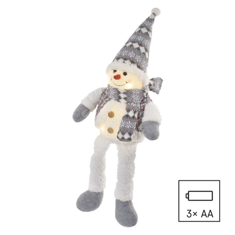 LED vánoční sněhulák sedící, 31 cm, 3x AA, vnitřní, teplá bílá