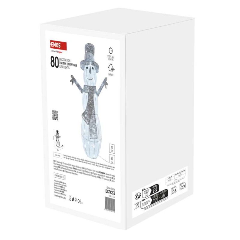 LED vánoční sněhulák ratanový, 82 cm, vnitřní, studená bílá, časovač