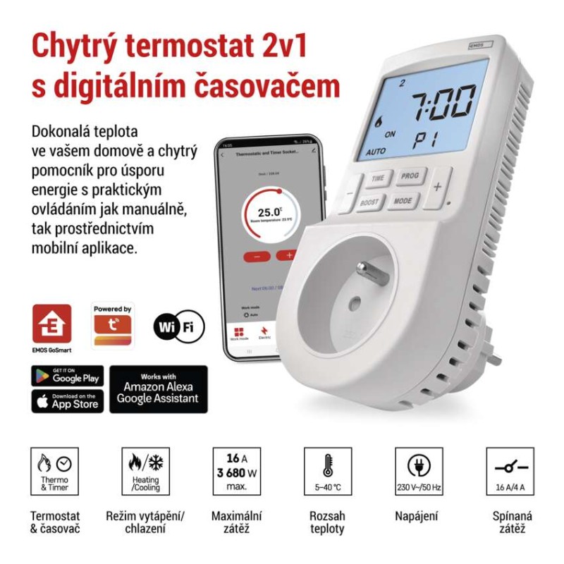 GoSmart Termostat do zásuvky s funkcí digitálního časovače 2v1 s WiFi