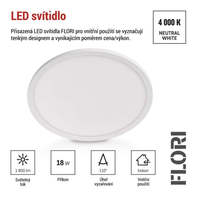 LED přisazené svítidlo FLORI kruhové, bílé, 18W, neutrální bílá