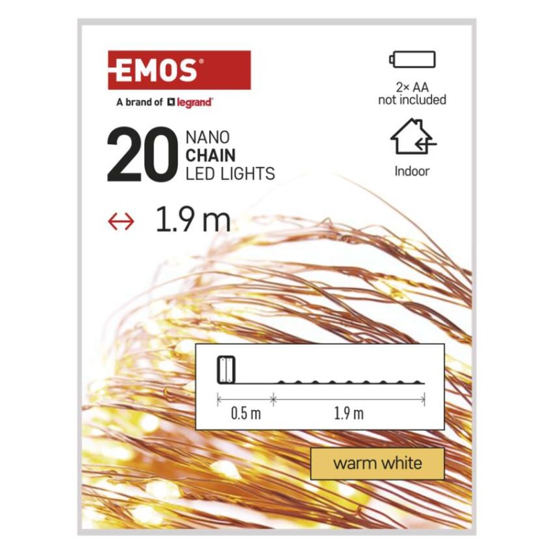 LED vánoční nano řetěz, 1,9 m, 2x AA, vnitřní, teplá bílá, časovač