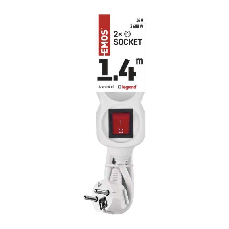 Prodlužovací kabel 1,4 m / 2 zásuvky / s vypínačem / bílý / PVC / 1 mm2