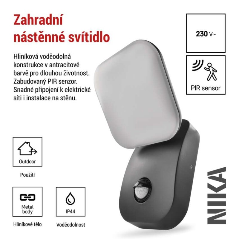 LED zahradní nástěnné svítidlo s čidlem soumraku NIKA, 12 × 12 × 20 cm, 12,8 W, teplá bílá