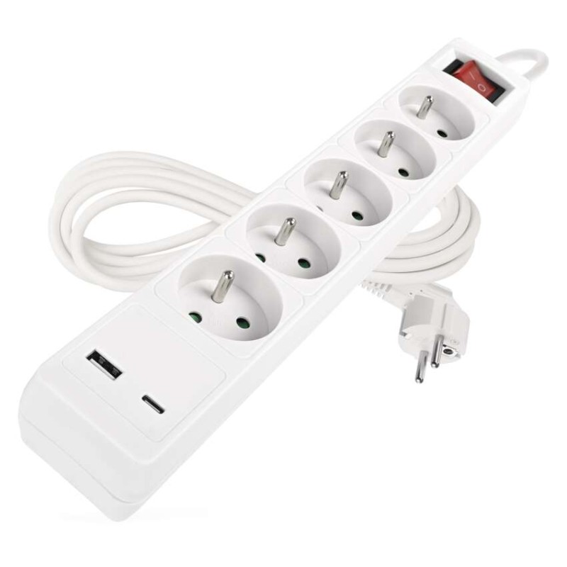 Prodlužovací kabel 3 m / 5 zásuvky / s vypínačem / bílý / 1×USB-A + 1×USB-C / 1,5 mm2