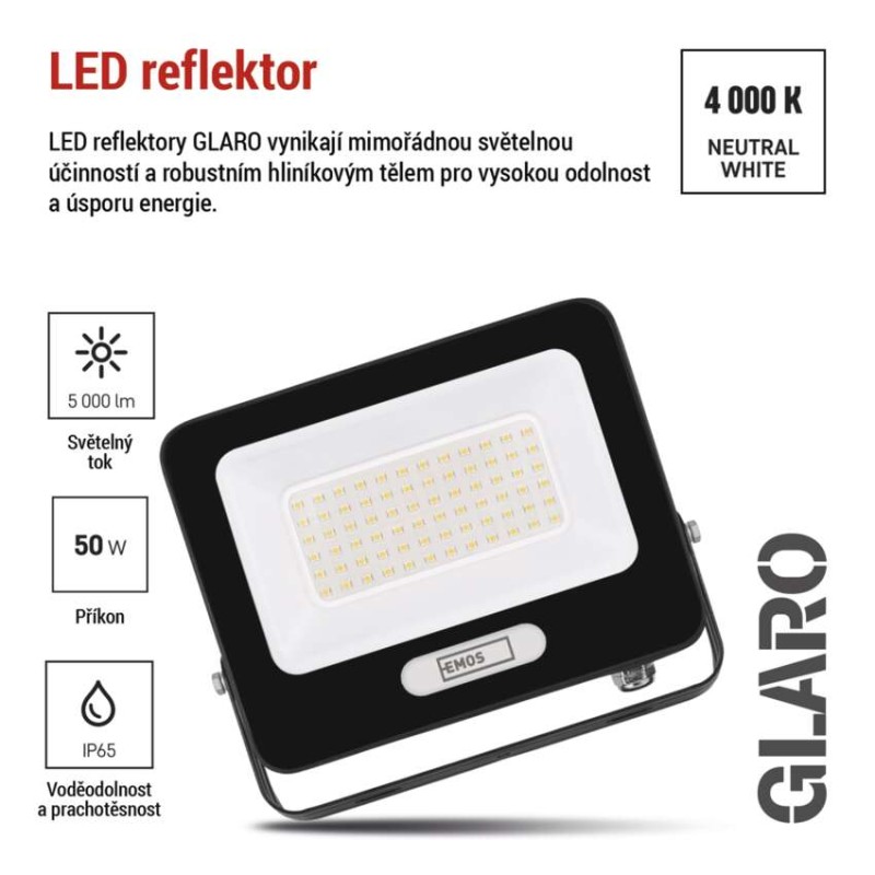 LED reflektor GLARO 50W, černý, IP65, 5000 lm, neutrální bílá