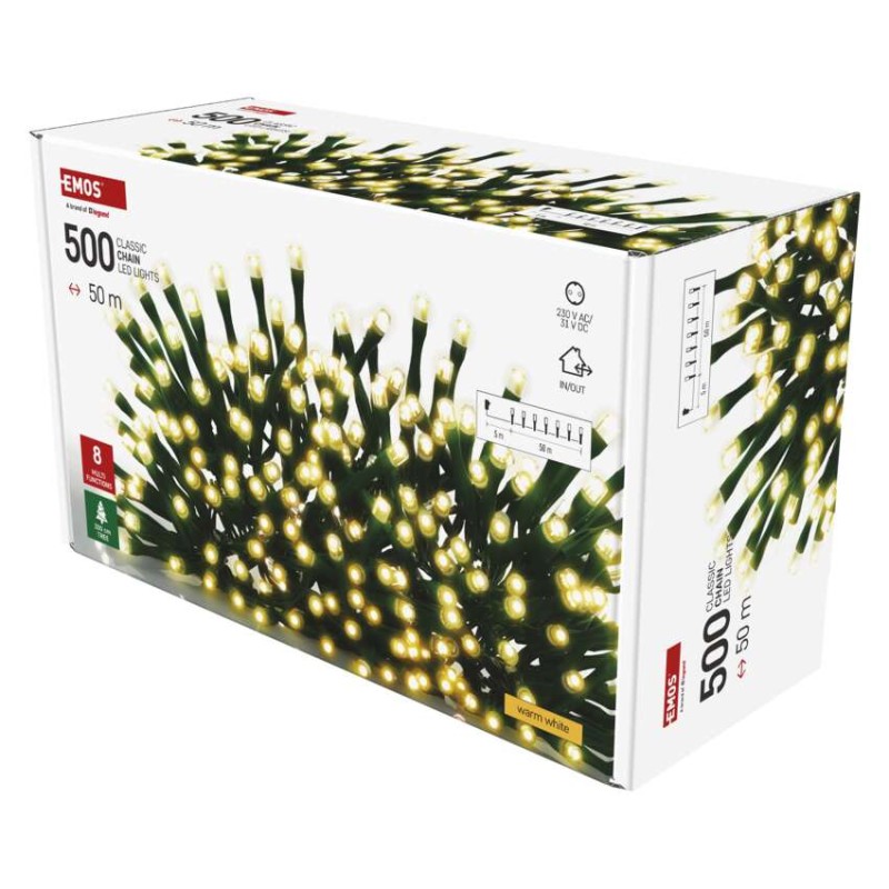 LED vánoční řetěz, 50 m, venkovní i vnitřní, teplá bílá, programy, časovač
