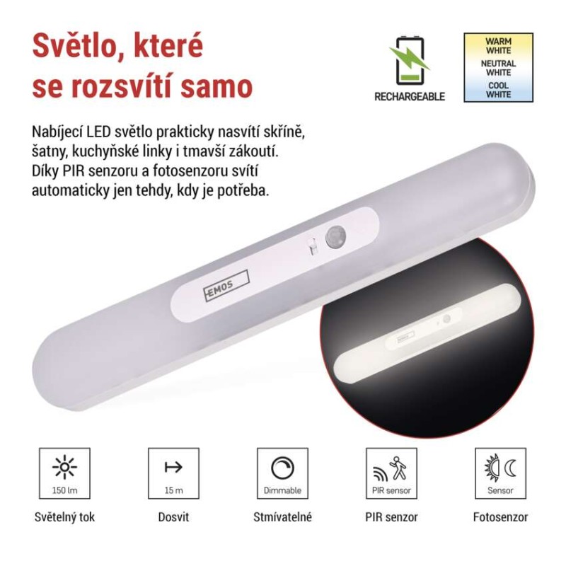 LED nabíjecí světlo P3328 s pohybovým čidlem a fotosenzorem,1 ks