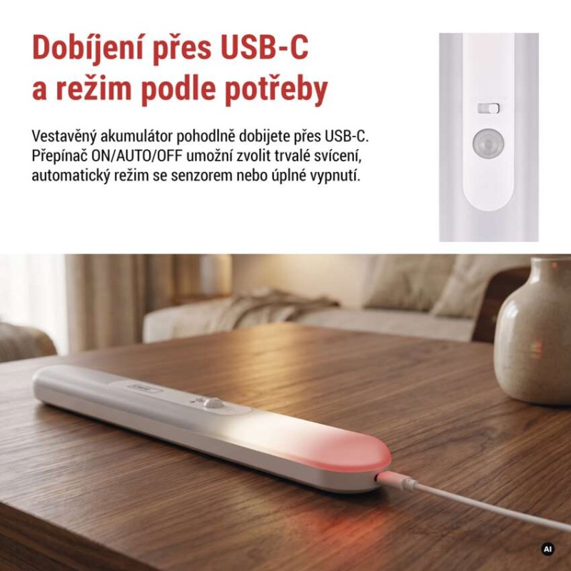 LED nabíjecí světlo P3328 s pohybovým čidlem a fotosenzorem,1 ks