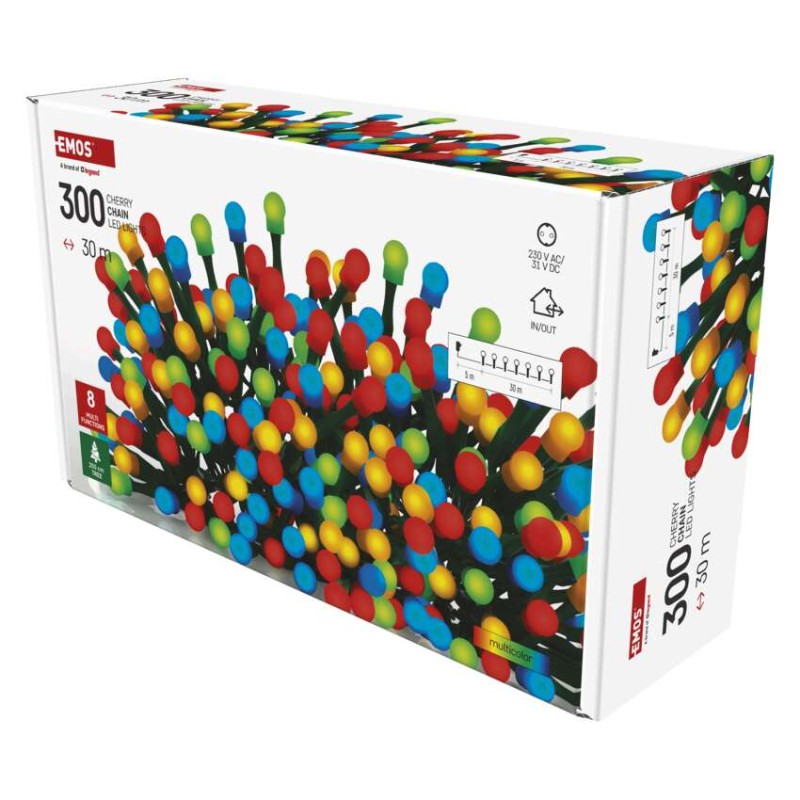 LED vánoční cherry řetěz – kuličky, 30 m, venkovní i vnitřní, multicolor, programy,časovač