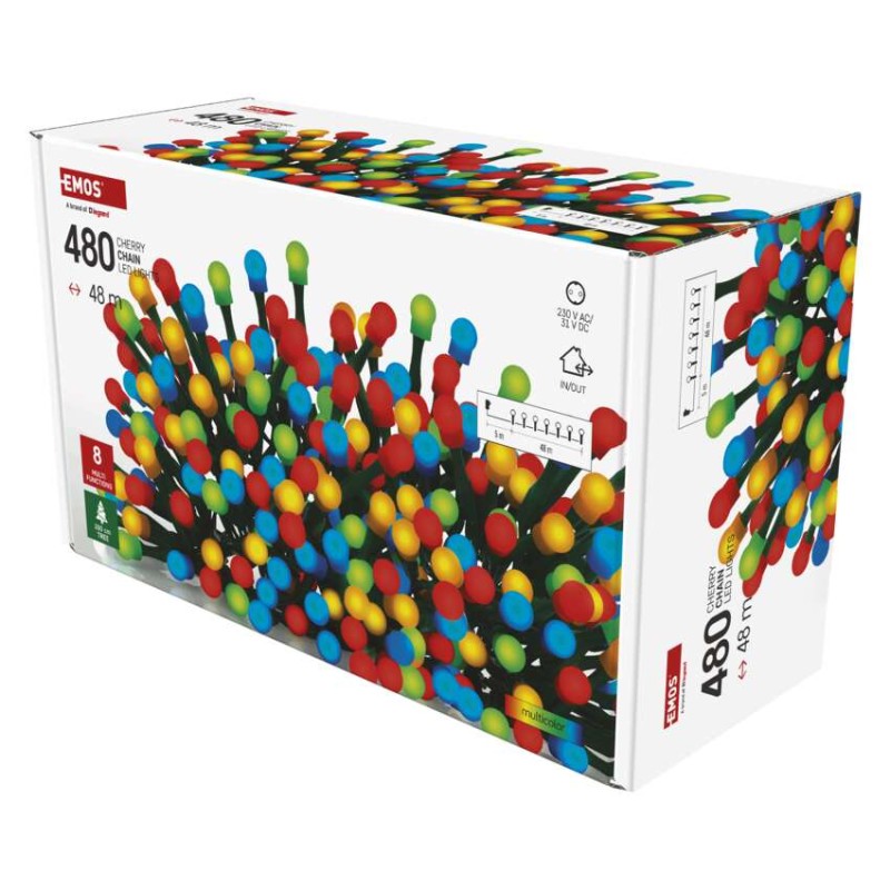 LED vánoční cherry řetěz – kuličky, 48 m, venkovní i vnitřní, multicolor, programy,časovač