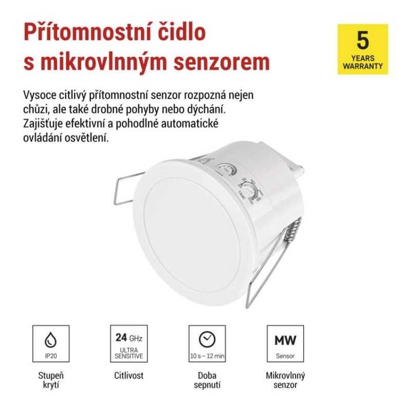 Mikrovlnné čidlo přítomnosti IP20 24GHZ 2000W, bílé