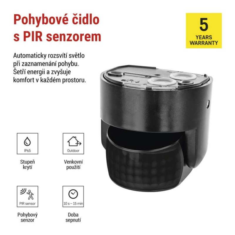 PIR senzor (pohybové čidlo) IP65 1200W, černé