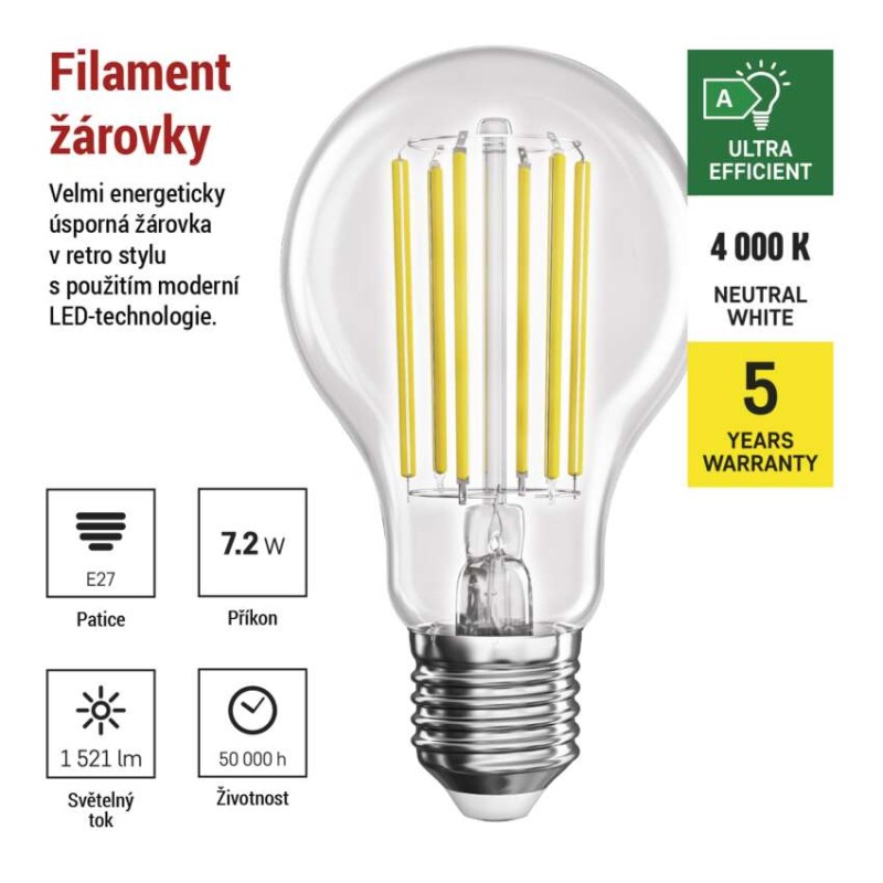 LED žárovka Filament A60 A CLASS / E27 / 7,2 W (100 W) / 1521 lm / neutrální bílá