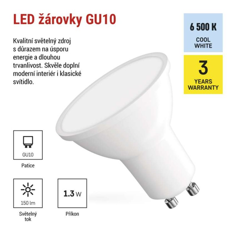 LED žárovka Classic MR16 bílá / GU10 / 1,3 W (16 W) / 150 lm / studená bílá