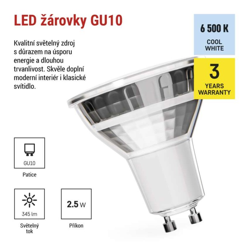LED žárovka Classic MR16 bílá / GU10 / 2.5 W (32 W) / 345 lm / studená bílá