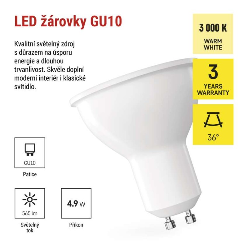 LED žárovka Classic MR16 bílá / GU10 / 4.9 W (75 W) / 565 lm / teplá bílá