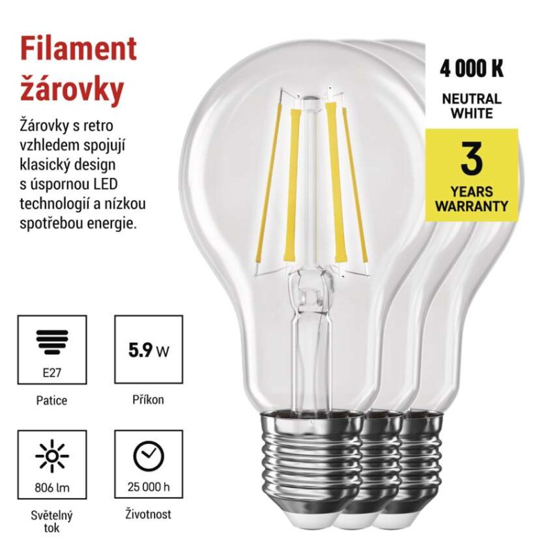 LED žárovka Filament A60 / E27 / 5,9 W (60 W) / 806 lm / Neutrální bílá