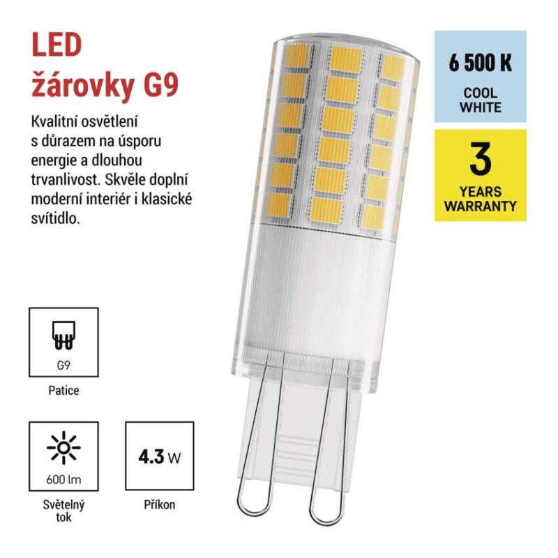 LED žárovka Classic JC / G9 / 4,3 W (48 W) / 600 lm / Studená bílá