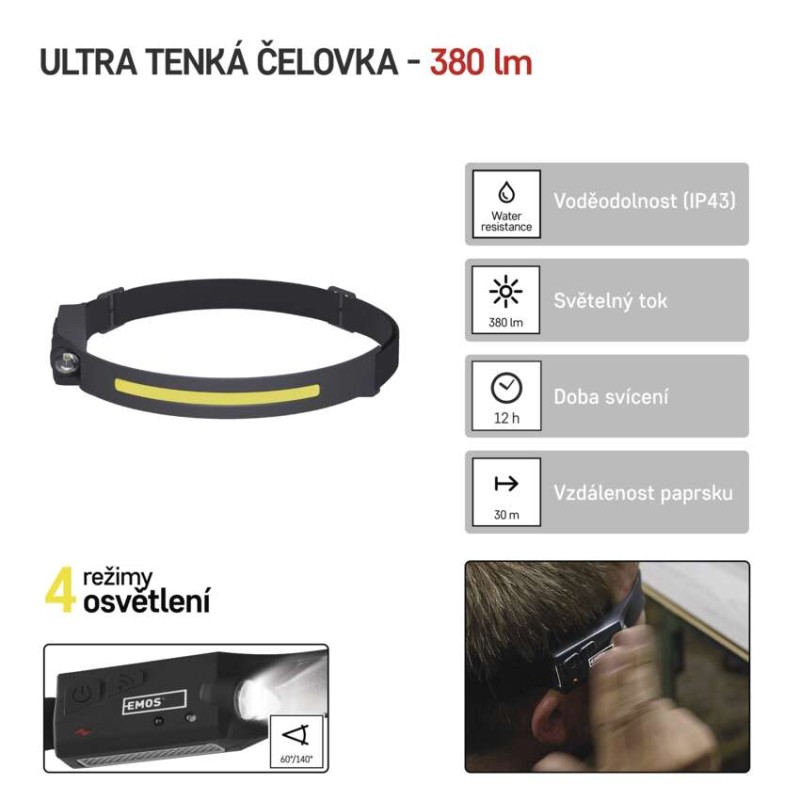 COB LED nabíjecí čelovka P3541, 380 lm, Li-Pol 1200 mAh