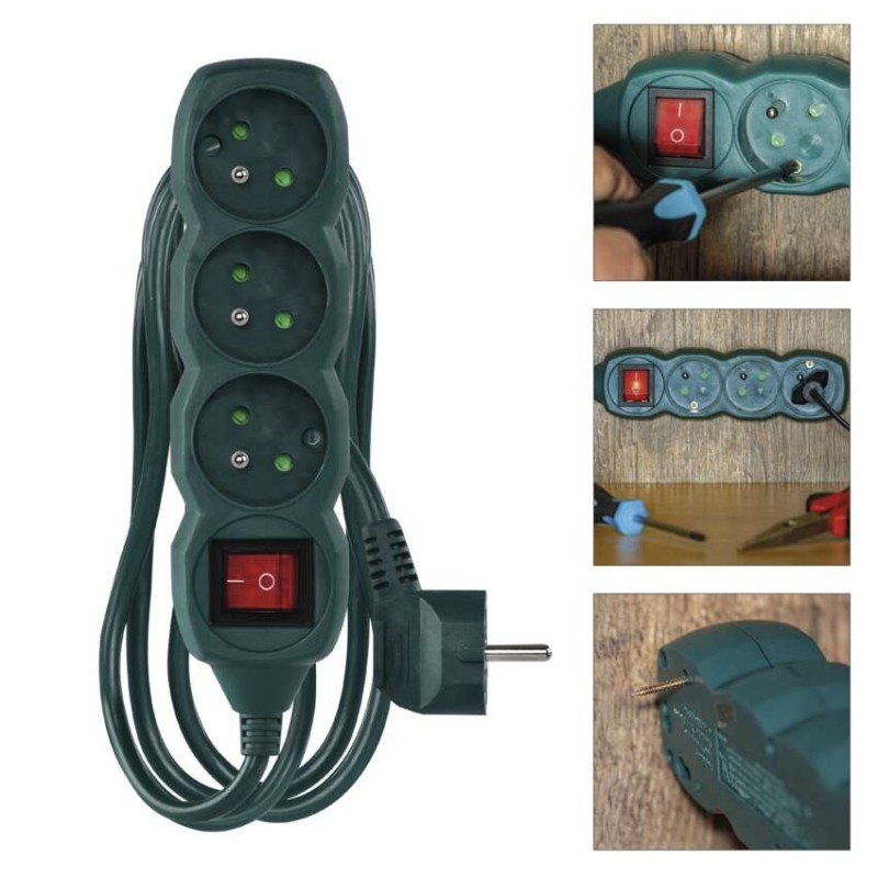 Prodlužovací kabel 2 m / 3 zásuvky / s vypínačem / zelený / 1 mm2
