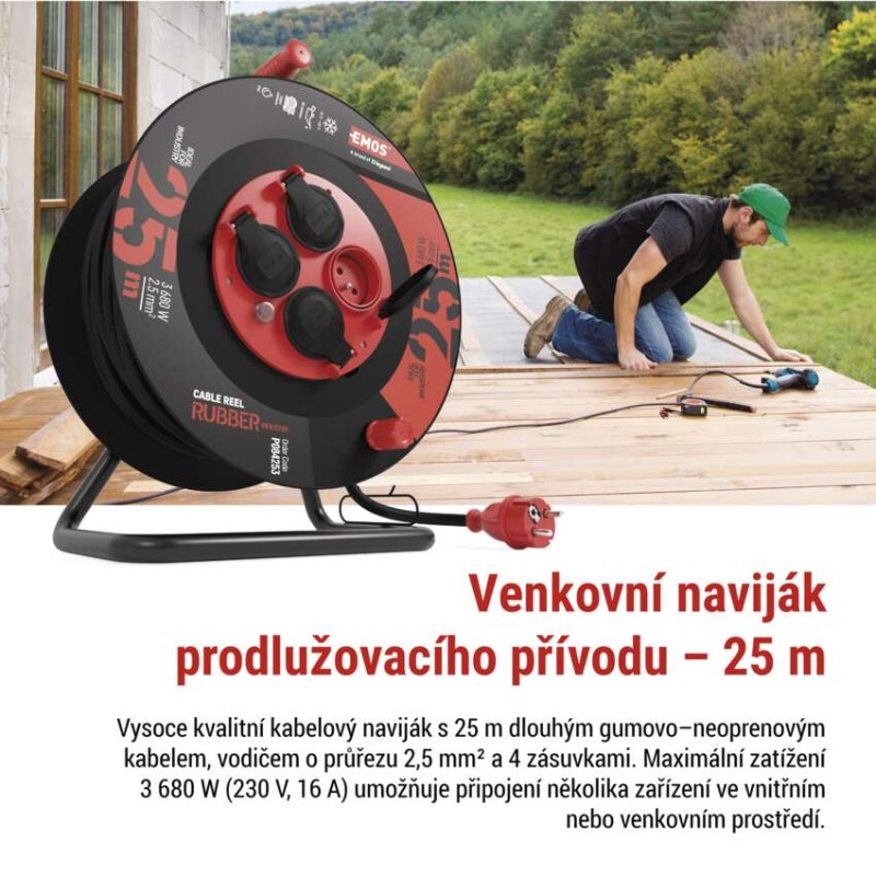Venkovní prodlužovací kabel na bubnu 25 m / 4 zás. / černý / guma-neopren / 230V / 2,5 mm2