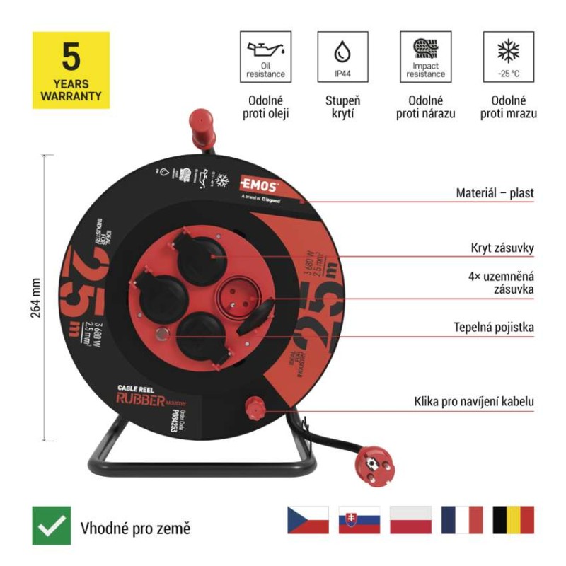 Venkovní prodlužovací kabel na bubnu 25 m / 4 zás. / černý / guma-neopren / 230V / 2,5 mm2